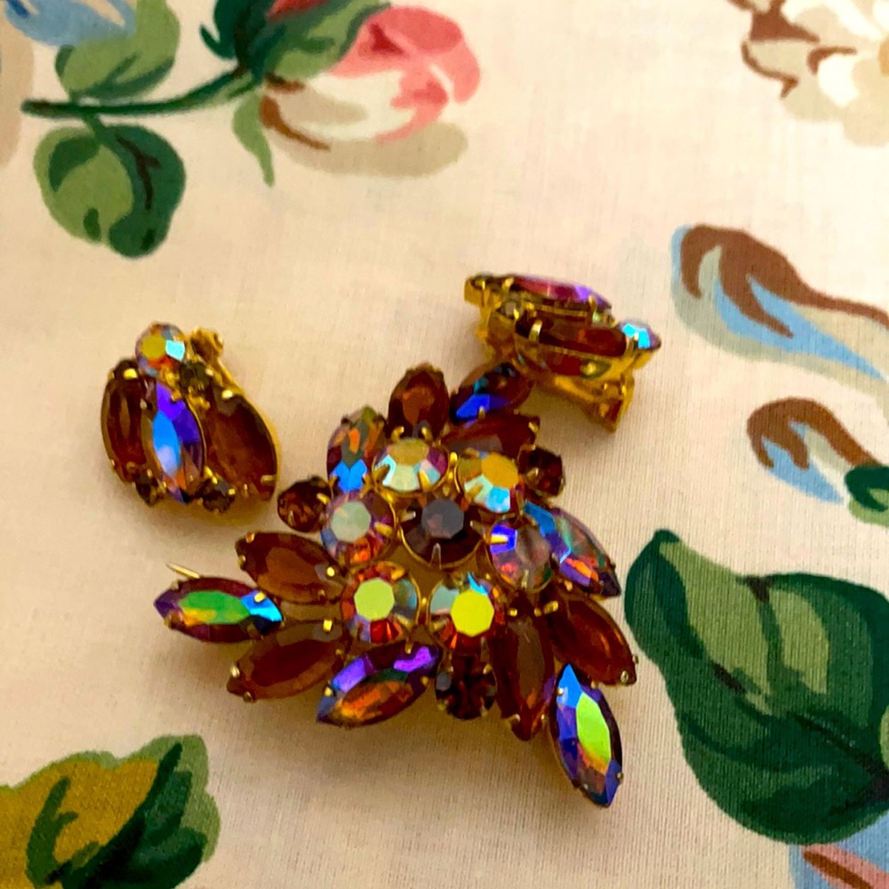 Brooch with clip on earrings . 1900s vintage brown, blue colors